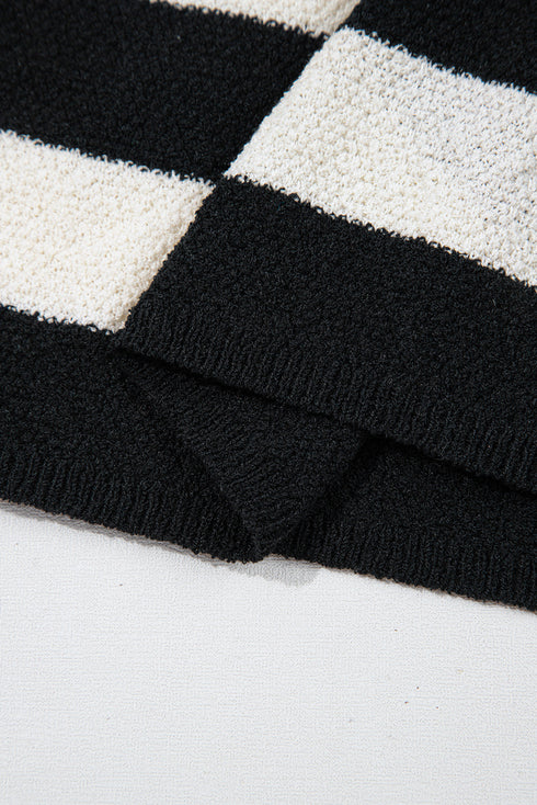 Black Mixed Striped Print Half Placket Collared Cap Sleeve Bodycon Sweater Dress